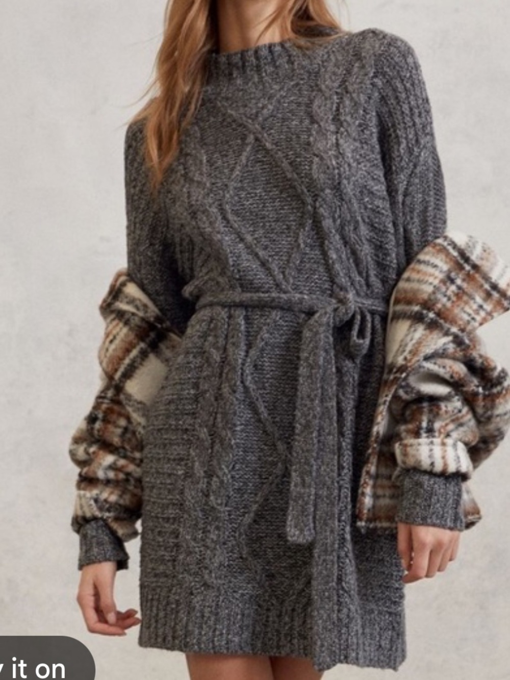 Anthropologie Amadi Leah Cable Knit Sweater Dress Charcoal Grey Medium Belted